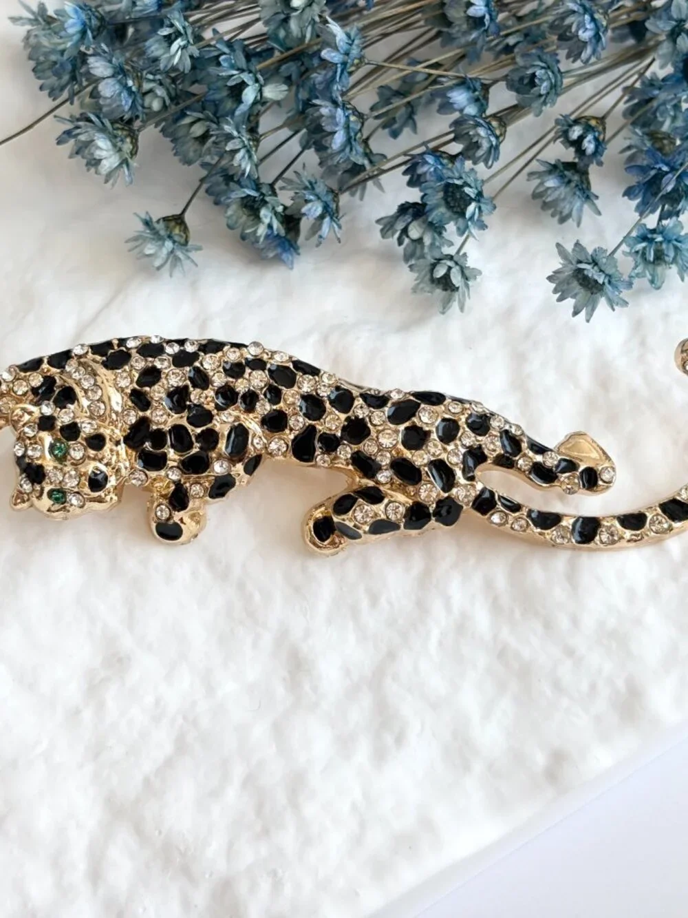 Climbling Leopard Figural Gold Toned Black Rhinestone Vintage Insp Brooch Pin